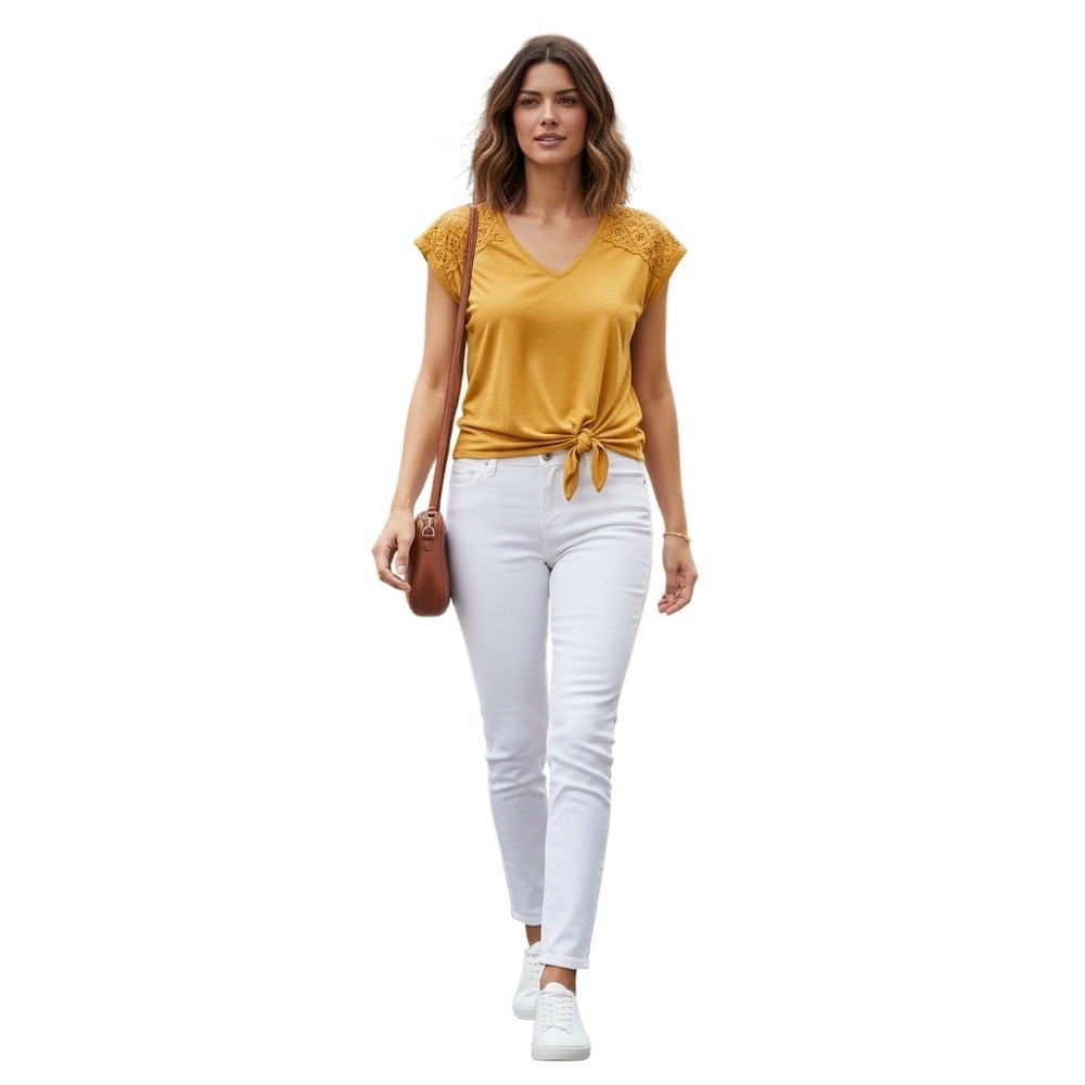 St. John's Bay Mustard Eyelet Lace 100% Cotton Top Shoulder Tie V-Neck Coastal M